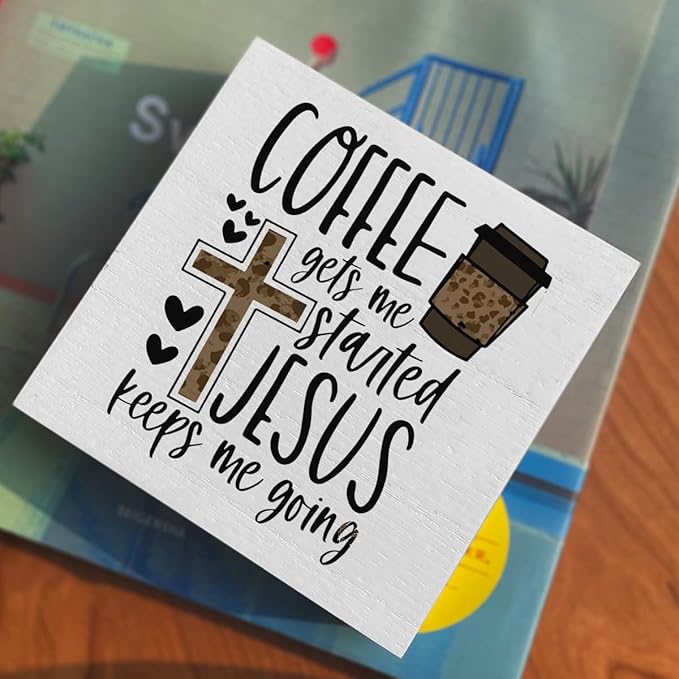 Christian Coffee Decor Wood Sign, Farmhouse Kitchen Wall Art with Inspirational Quote, Religious Rustic Wood Box for Coffee Bar, Shelf, Desktop
