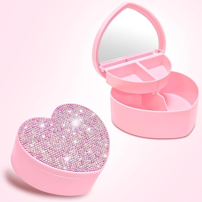 Bling Heart Jewelry Box for Girl，Jewelry Storage Organizer with Heart Make up Mirror,Glitter Jewelry Case Pendant Necklace Box for Earrings Rings Bracelets