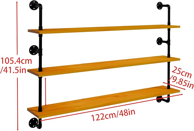 HDDFER Industrial Pipe Shelving Shelf Rustic Wood Wall Shelves Industrial Floating Shelves for Wall 48 Inch Farmhouse Bookshelf Pipe Shelves Living Room Kitchen