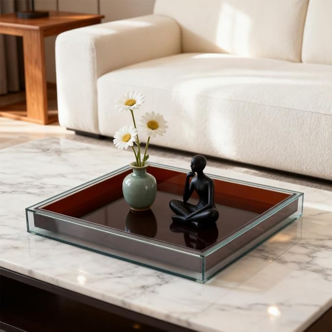 10"x10" Brown Acrylic Tray, Decorative Bathroom Vanity Counter Tray for Perfume, Candle, Soap, Coffee Table & Kitchen – Square Acrylic Organizer for Sink, Entryway Table, Dresser Home Decor
