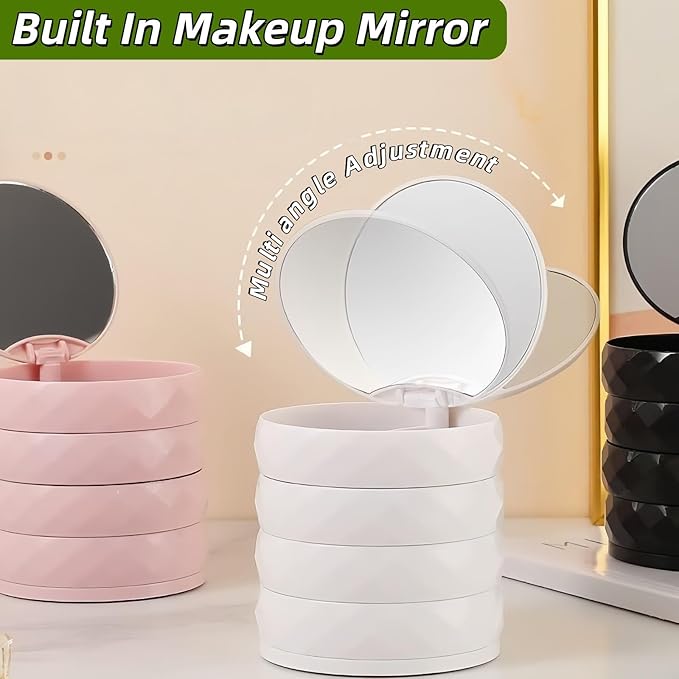 Rotating Jewelry Organizer with 4-Tier Partitioned Storage, Small Jewelry Box with Multi-Angle Adjustable Makeup Mirror for Vanity, Travel & Women Gifts. (White)