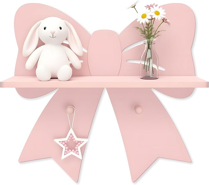 Bow Shaped Floating Shelf with Hooks - Cute Pink Wooden Wall Decor for Girls Nursery & Bedroom, Trinket Display Organizer