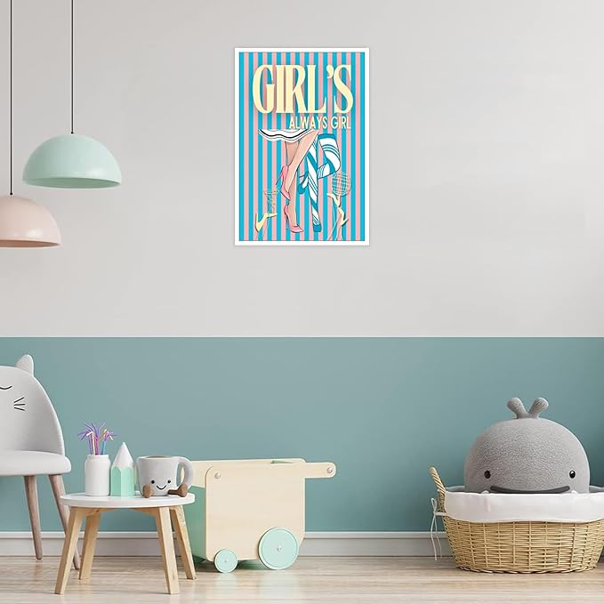 Trendy Always Girls High Heels Poster Funny Cocktail Disco Ball Canvas Wall Art Preppy Blue And Pink Stripes Feminine Girly Prints Painting For Living Room Bedroom Wall Decor 12x16in Unframed
