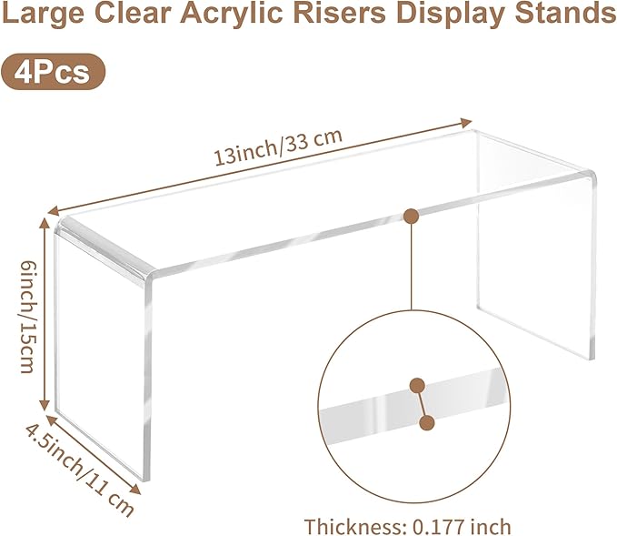 4 Pcs Large Clear Acrylic Risers, 13''x 4.5''x 6'' Thickened Rectangular Cupcake Holder Perfume Organizer Stand, Large Shelf Risers Desktop Display Stand for Cupcake,Collectibles,Organize,Decor