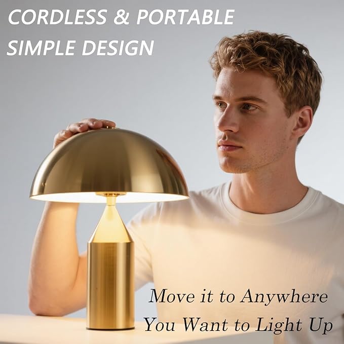 MIXL-Cordless Gold Mushroom Table Lamp,Battery Mushroom Night Light,Wireless Touch Nightstand Lamp,Mid Century Modern Table Lights for Living Room Bedroom