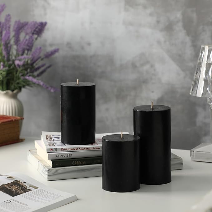 Black Pillar Candles Set of 3, Black Candles for Punk Decorations, Width 3" High 4" 5" 6" Unscented Smokeless Soy Wax Candle, Suitable for Gothic, Industrial, Minimalist and Dark Style Candle