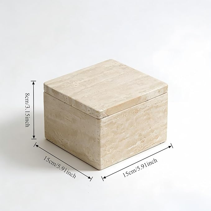 Natural Marble Storage Square Containers Cotton Swab Holder, Organizers with Lids,Travertine Stone Box for Qtips, Makeup, Bathroom Essentials & Home Storage (square box)