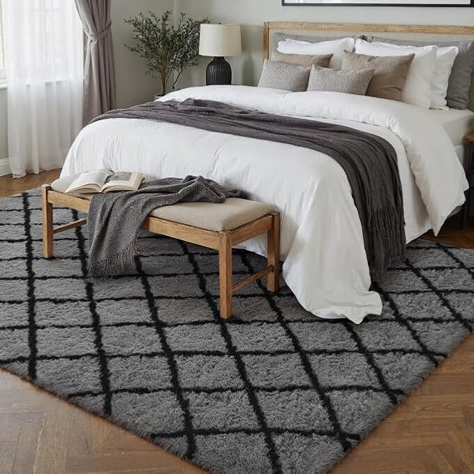 PureCozy 6x9 Checkered Rug for Living Room Grey and White Modern Soft Area Rug Fluffy Non-Slip Carpet for Bedroom Playroom Home Aesthetic Decor