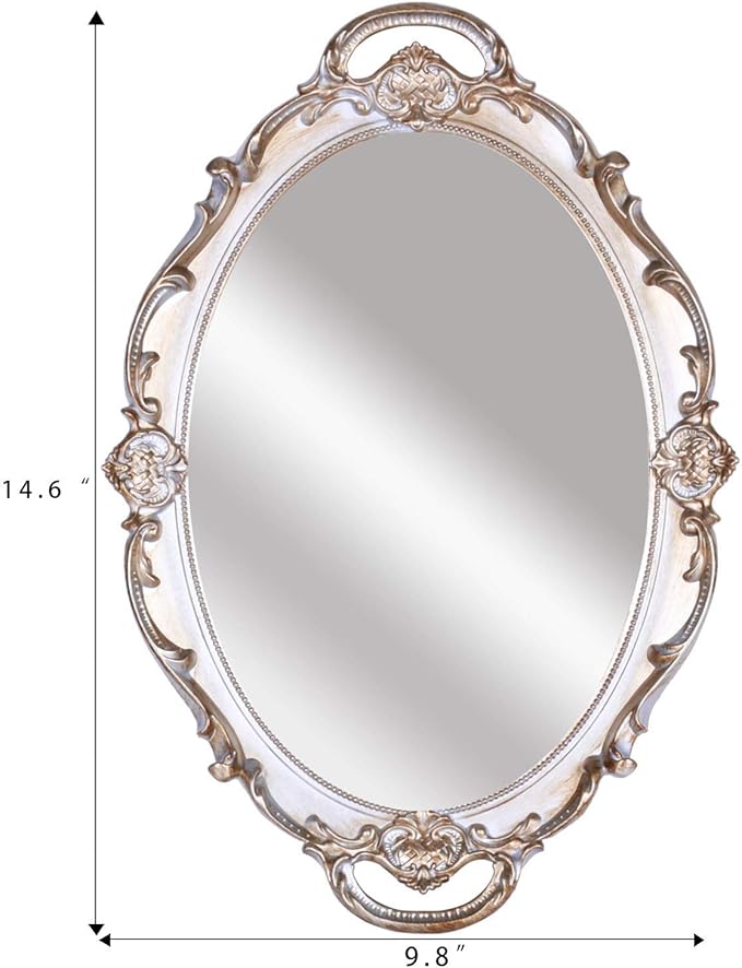 Oval Decorative Mirror Tray, French Style, Makeup Organizer, Jewelry Organizer, Serving Tray, 9.8"x 14.6", Golden White