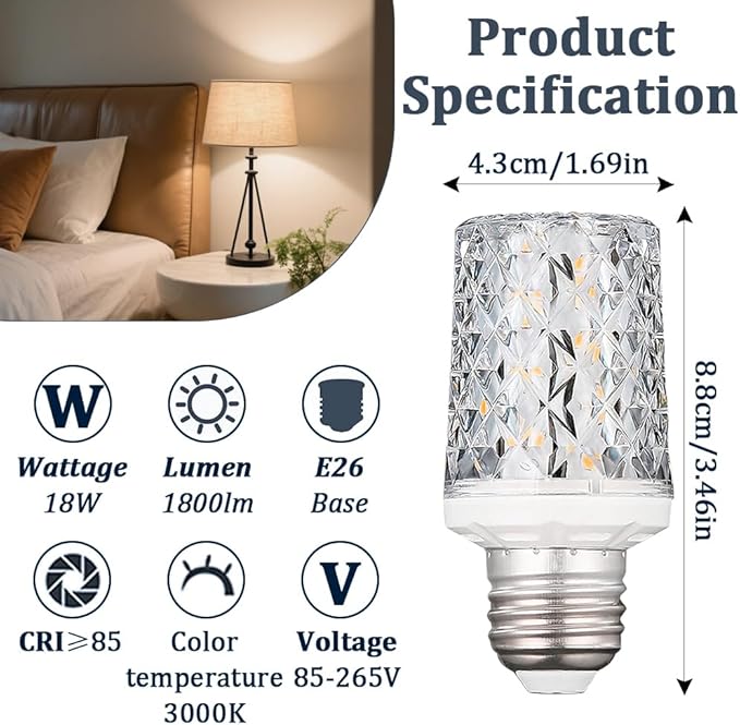 E26 LED Bulbs,Modern Craft Crystal lamp,3000K Warm Light 18W LED Light Bulbs Equivalent 100W, 360° Beam Angle,AC 85-265V, Edison Screw SES LED Corn Lamp, Not Dimmable(2 Pack)