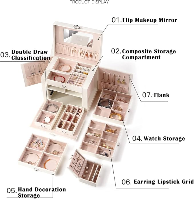 Makeup Organizers PU Leather Travel Jewelry Boxes 6 Tier Jewelry Storage Case with Lock & Mirror Large Capacity Craft containers for Rings, Necklaces, Earrings, Bracelets Jewelry Case ( Color : White
