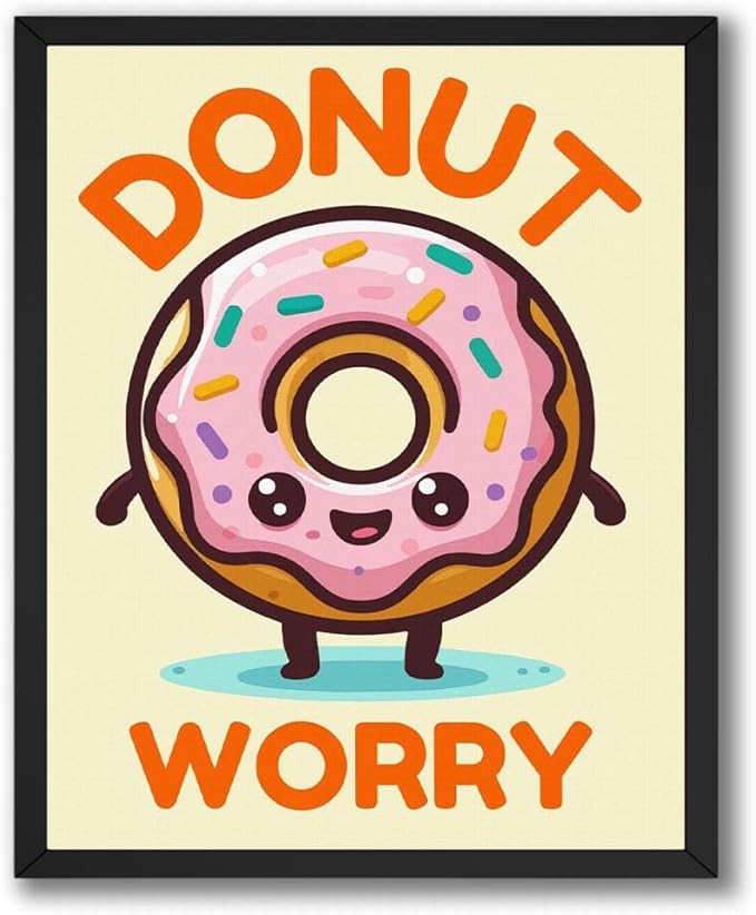 InkFlow Posters Donut Worry Poster - Smiling Donut Illustration - Playful Food Art Design - Kids Bedroom Kitchen Playroom Decor - Cheerful Cartoon Style Print - 8x10 Unframed Canvas Print