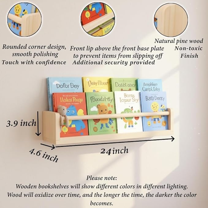 Set of 3 Kids Floating Bookshelves Natural – 24 Inch Wall Mounted Nursery Book Shelves with Safety Rail – Ideal Storage & Display Shelf for Nursery, Bedroom, and Playroom