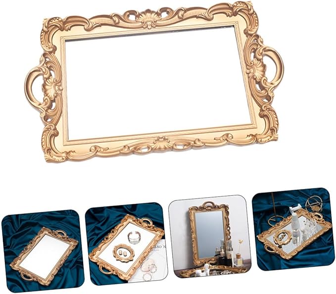 Amosfun Retro Vintage Cosmetics Storage Tray, Golden Mirror Plate Decorative Vanity Organizer for Makeup, Perfume, Jewelry, Home Décor Accent, Rectangular Classic Display Tray