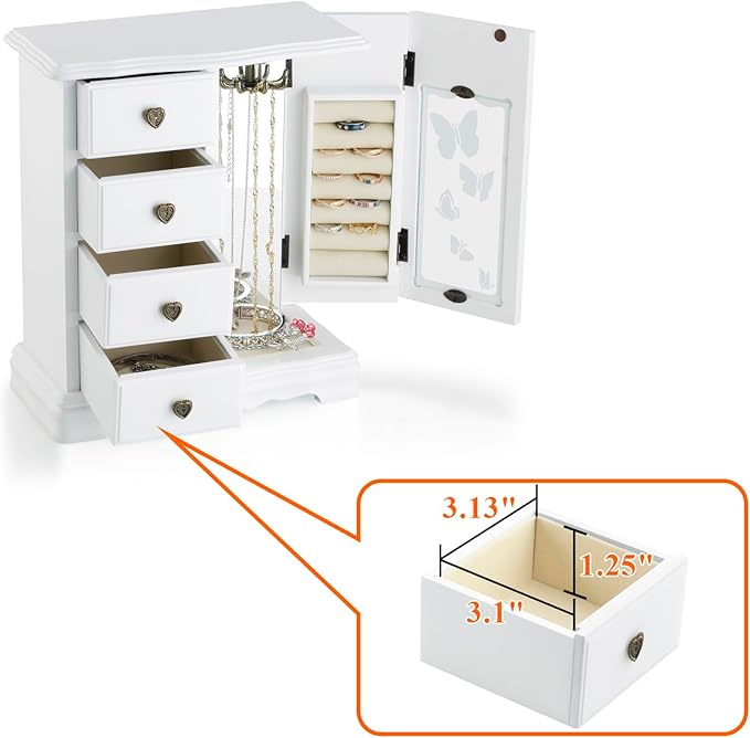 RR ROUND RICH DESIGN Solid Wooden Jewelry Box Makeup and Organizer Women Ring Storage with 4-Drawers Built-in Necklace Carousel and Mirror White