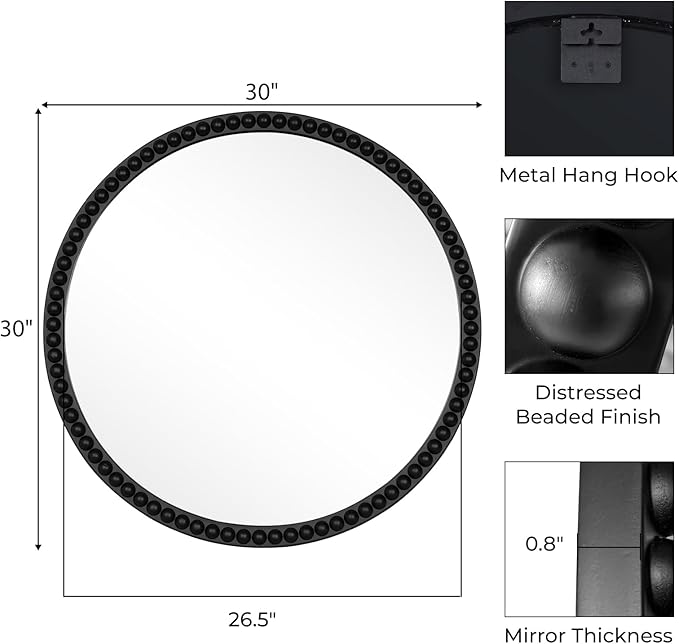 WallBeyond Round Mirrors for Wall Decor, 30'' Wall Mirror Decorative with Beaded Framed for Home Decoration Entryway Living Room Bedroom, Black