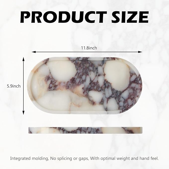 Luxury Natural Oval Marble Tray – 11.8 x 5.9-Inch Calacatta Viola Stone Vanity Tray, Large Makeup Organizer for Perfume Skincare Products, Decorative Tray for Bathroom Coffee Table & Dresser