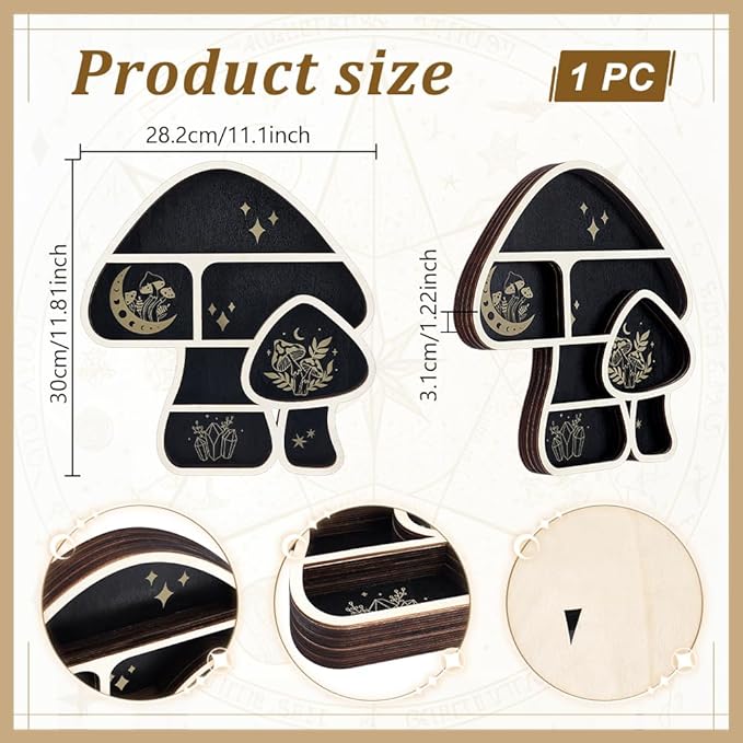 peacoblue Mushroom Shaped Crystal Display Shelf 11.1" L× 11.8" W× 1.2" H Wooden Wall Mounted Decor with Multiple Compartments for Crystals Gemstones & Trinkets for Bohemian, Witchy & Modern Interiors