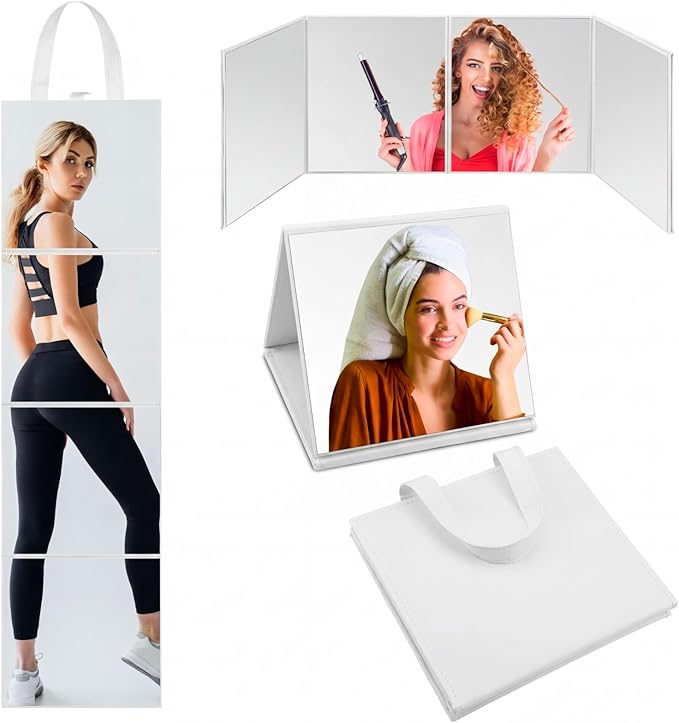 3 Way Foldable Full Length Mirror with Handle 31.89 x 11.22 Inches Leather Portable Camping Travel Hanging Folding Body Mirror for Makeup Dance Fitness Spa Hair Styling(White,Classic)