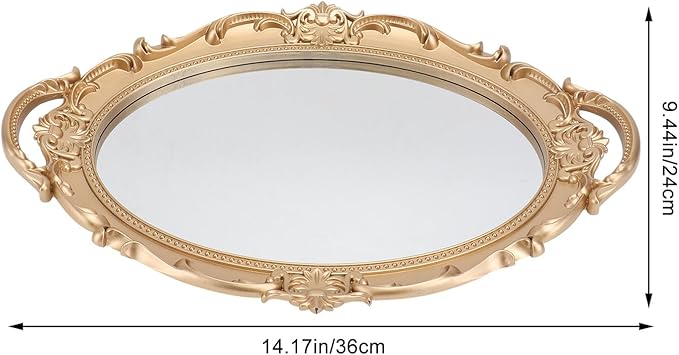 GARVALON Retro Oval Mirror Tray Decorative Jewelry and Perfume Storage Plate European Style Makeup Organizer Photography Prop Gold Finish