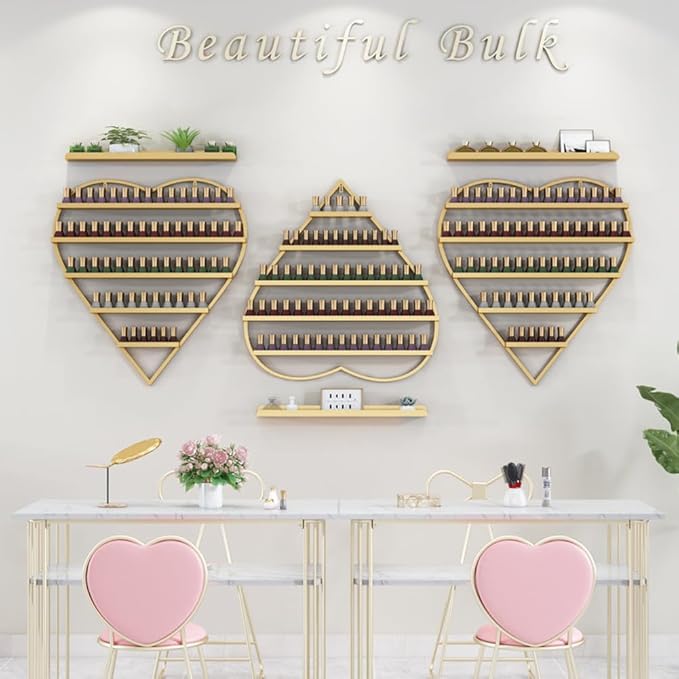 DaryaBrest Wall-Mounted Nail Rack - 5 Tier Metal Display Case (Heart-Shaped) Cosmetic Storage Shelves home Spa Shop (gold)
