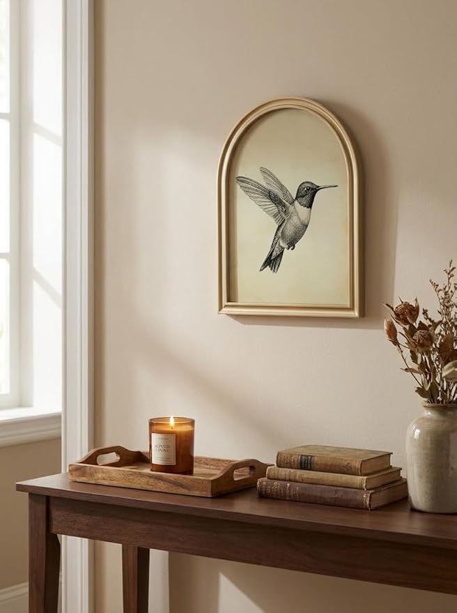 TwoDays Gold Vintage Hummingbird Arched Wood Framed Wall Art – Nature Bird Canvas Picture for Home Aesthetic Wall Decor, Cottagecore Farmhouse Artwork Prints for Living Room, Bedroom (11" x 13.8")