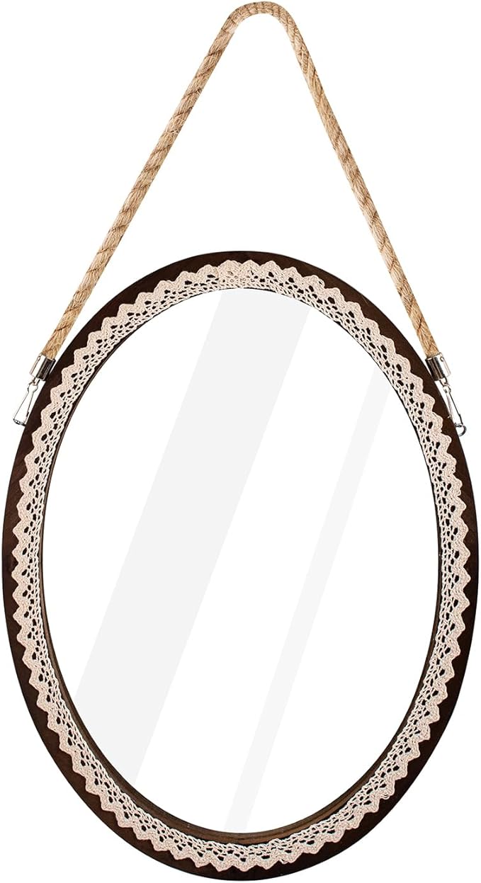 OKSQW 16 Inch Oval Wall Mirror Lace Frame Art Decorative Rustic Farmhouse Wooden Mirror Hanging Mirror with Rope for Entryway Bedroom Living Room Bathroom