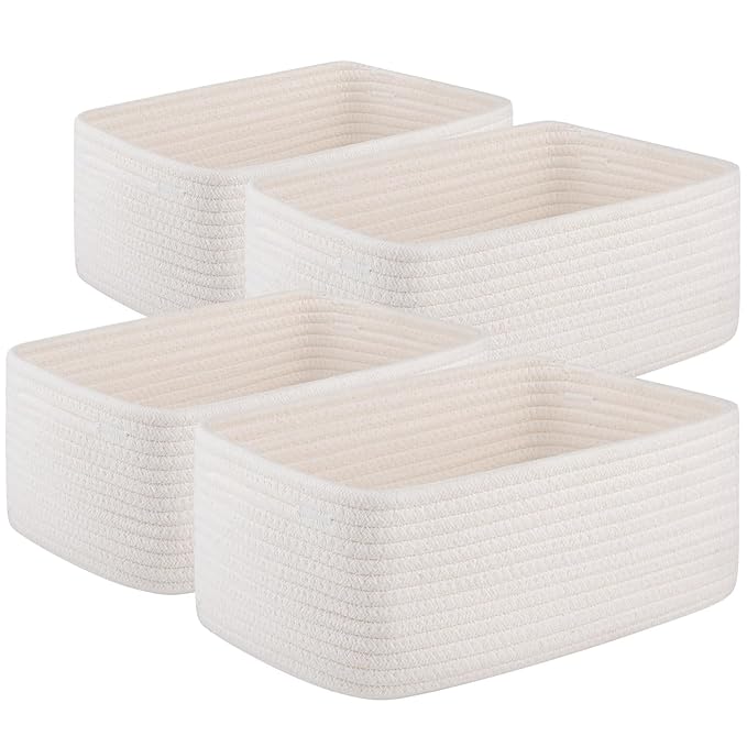 OIASKET 4 Pack Small Storage Shelf Baskets for Organizing, Mini Woven Rope Storage Bins for Towels, Cute Decorative Closet Organizer，Baby Nursery, Gift Empty Baskets -14.17''Lx11.02''Wx6.3''H-White