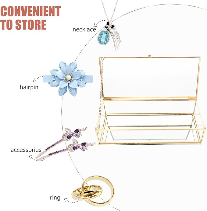 Vintage Glass Jewelry Box with Metal Frame 23x10x5.5cm, Decorative Ring Storage Case with Lid for Home Perfume and Cosmetic Organizer