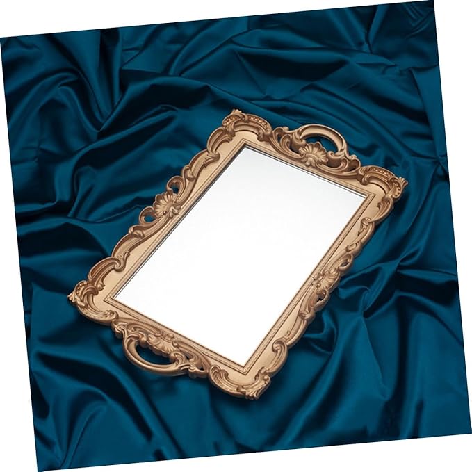 Golden Retro Mirror Tray Decorative Makeup Organizer Vanity Photo Prop European Style Rectangular Plastic Storage Plate for Perfume and Jewelry Display