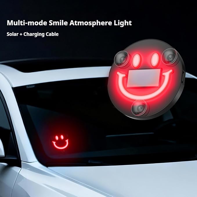 2 PCS Solar Powered Car LED Ambient Light, Cute Neon Smiley Lights for Car Interior with 5 Modes, Wireless Auto Atmosphere Lamp for Back Window Decoration & Romantic Gifts (2)