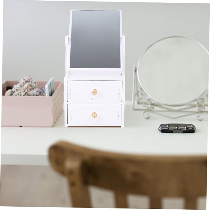 Desktop Makeup Mirror Storage Box Portable Vanity Mirror PVC Makeup Organizer for Students Adjustable Height Compact Design for Travel and Home Use