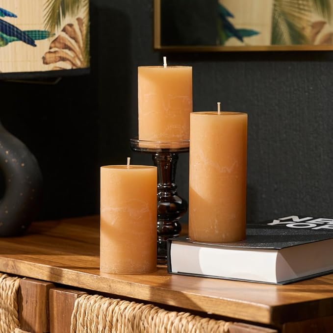 Peach Scented Light Orange Pillar Candles, Set of 3 (3x6 Inch), Long Lasting Aromatic Pillar Candles for Home Décor, Decorative Candle Gift for Men and Women
