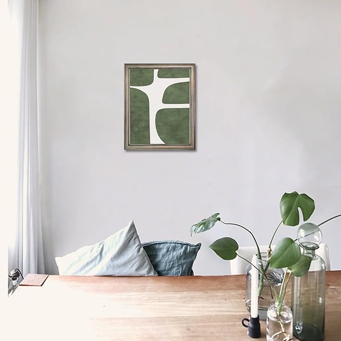 Vintage Framed Green and White Abstract Wall Art Mid Century Minimalist Contemporary Painting for Room Decor