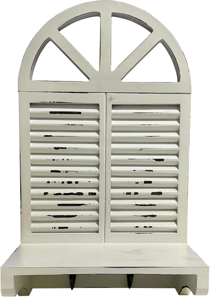 Rustic Arched Window Floating Shelf with 2 Key Hooks - Distressed White Farmhouse Wood Decor, Wall Mounted Storage Organizer for Entryway, Bathroom, Kitchen, Home Decor
