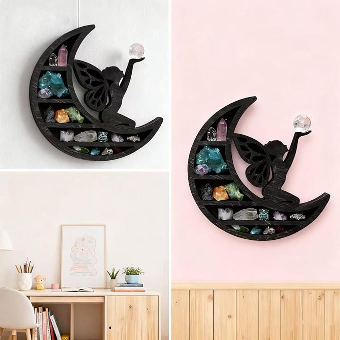 Wooden Moon Shelf for Crystals Display, Rustic Wooden Fairy Shelf for Crystals, 14In Large Wall Mounted Crystal Display Gothic Witchy Home Decor (Moon Fairy)