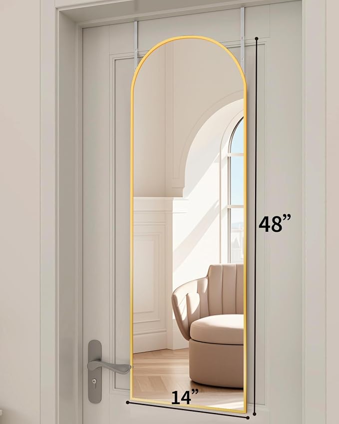 Arched Full Length Mirror, 48"x14" Gold, Tempered Shatterproof Glass & Aluminum Frame, Over Door or Wall Mounted, No Drill Installation for Bedroom, Bathroom, Closet, Entryway, Living Room Decor