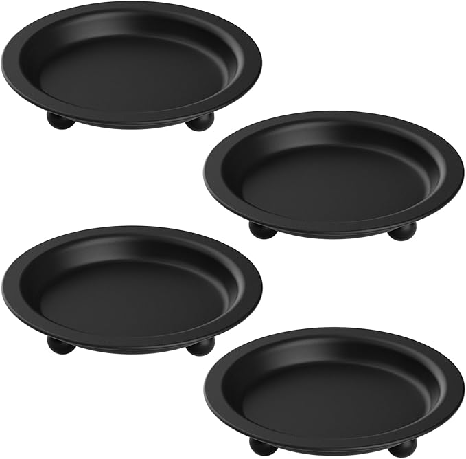Black Candle Holder Decor, 4.13 Inch Round Candles Tray Holders Set of 4, Iron Plate Candle Stand for Pillar Ball Candles, Metal Porta Velas for Wedding Home Decor Table Centerpiece