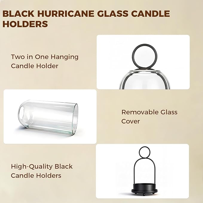 5"&4" Hurricane Glass Candle Holders, Hanging Black Metal Candle Holder for Pillar Candles Table Coffee Table Decor Interior Decoration