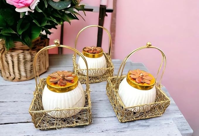 IGH Set of 5 Wholesale Lot Dry Fruit Jar with Golden Net Basket and Lid 4 Inch, Return Gifts, Serving Bowls/Jars for Parties, Wedding Gifts