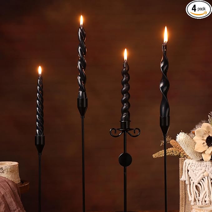 Nuanchu 4 Pcs Twisted Taper Candles Wax Unscented Smokeless Spiral Swirl Candlesticks for Wedding Holiday Dinner Party Home Decorations(7.87 Inch,Pure,Black)