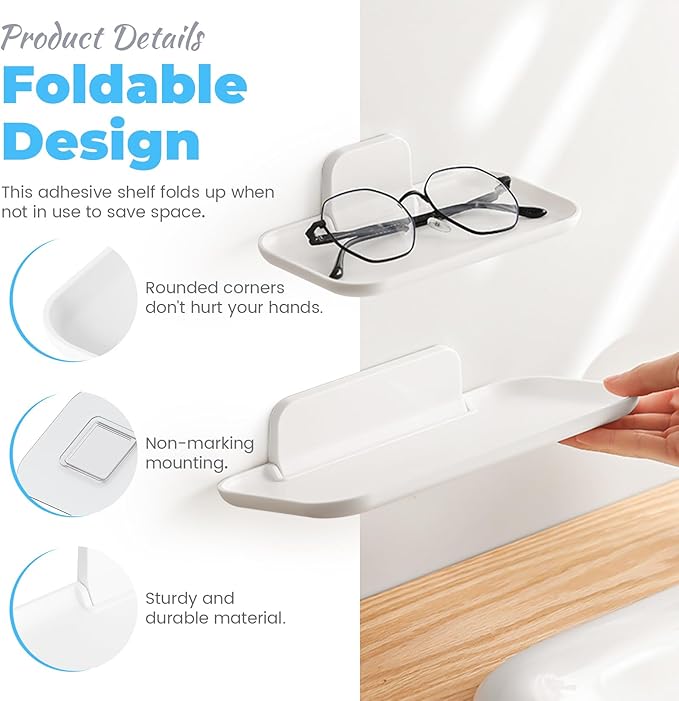 2 Pack Foldable Bedside Shelf Wall Mount, Adhesive Floating Shelves for Wall No Drilling, Glasses Watch Perfume Phone Holder Organizer for Bedroom Bathroom RV, Large