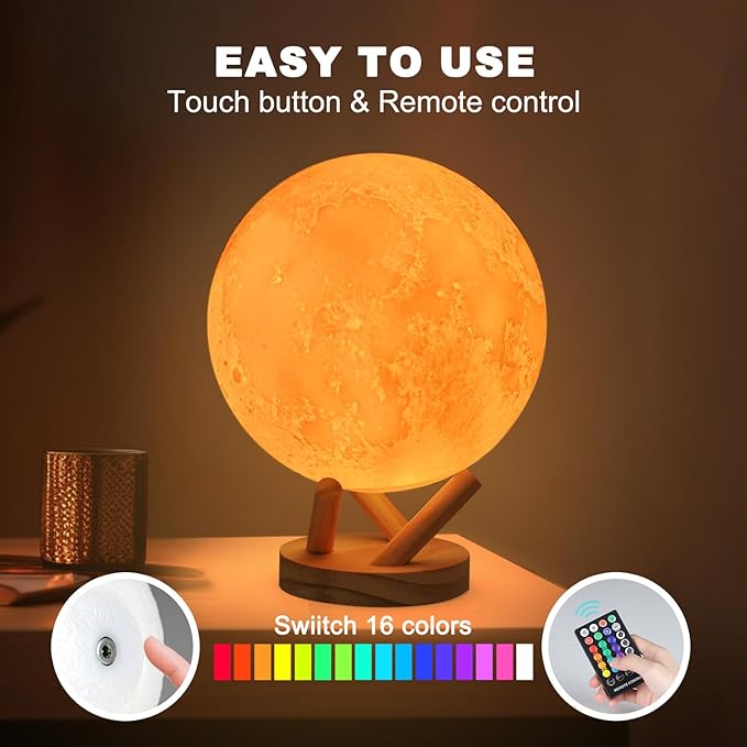 Moon Lamp, 6 Inch Sliding Control Moon Light, Kids Night Light, 16 Colors Moon Night Light with Unique Stand,Timing, Room Decor, Mothers Day Gifts, Christmas Birthday Gifts for Kid Women Friends Lover