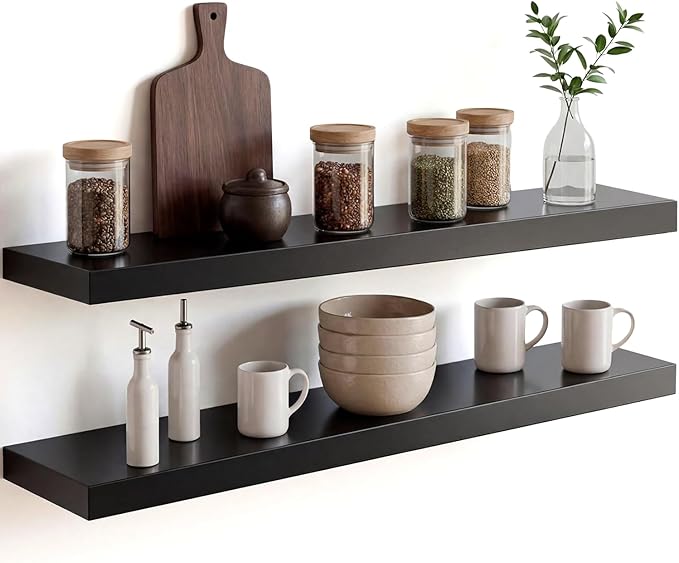 Homeforia Black Floating Shelves 30 inches Long, High End Solid Real Wood 30 inch Floating Shelf for Wall Mounted, Black Wooden 30in Floating Shelves, Heavy Duty Bracket, 30 X 6.5 X 1.75 in, Set of 2
