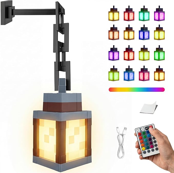 Pixelated Lantern Night Light with Timer 16 Color RGB Pixel Lantern Lamp Rechargeable Retro Pixel Decor Light with Remote & Touch Control, Hanging or Tabletop for Bedroom Desk Gaming Room Decor Gift