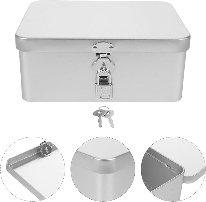 BESPORTBLE Vintage Metal Storage Box with Lock and Key, Retro Tin Jewelry Organizer for Makeup and Documents, Medium Silver Keepsake Chest for Home and Office Use