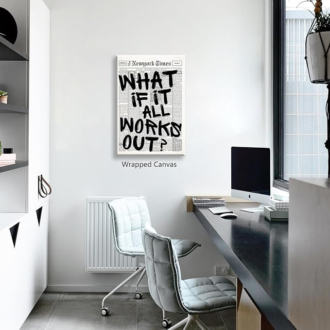 What If It All Works Out Canvas Wall Art, Black and White Newspaper Aesthetic Poster, Positive Affirmations Wall Decor, Daily Inspirational Quote Typography Print for Bedroom 24x36in Framed