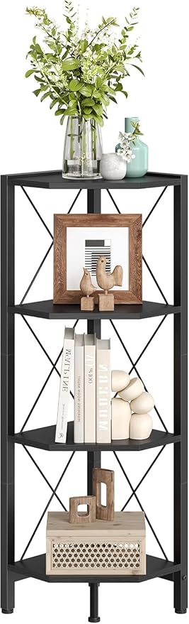 CHOEZON 4-Tier Corner Shelf, Corner Bookcase, 43.3" Tall Vertical Display Rack, Plant Stand, Open Storage Shelf, for Living Room, Bedroom, Study, Kitchen, Black TCJ14BB