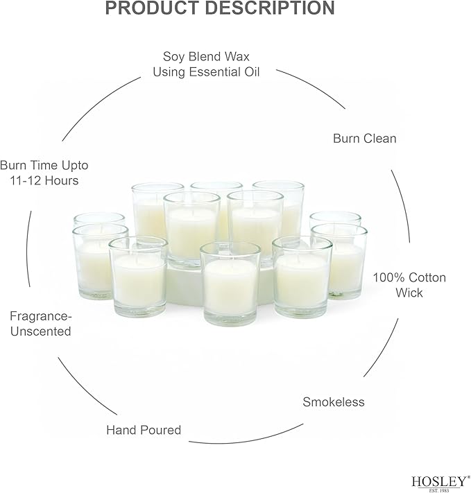 Hosley Set of 12 White Unscented Votive Candles in Clear Glass Holders - Hand Poured Soy Wax, 10-12 Hour Burn Time for Weddings & Home Decor