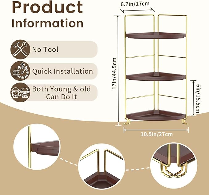 3-Tier Corner Bathroom Organizer Countertop for Storage，Counter Tray and Vanity Organizer，Plastic Counter Organizer for Kitchen, Bathroom, Dresser 10.6 inches (Gold Brown)
